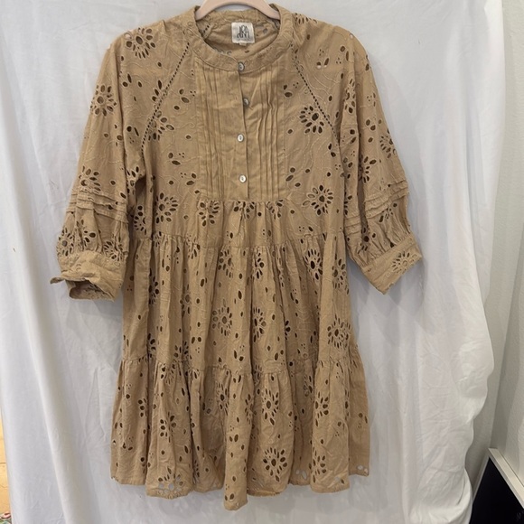 Anthropologie dRA Yara Mini Dress Tan/Cream Eyelet Cotton Size S - Picture 1 of 6